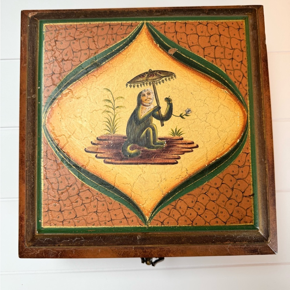 Vintage Foreside Gorham Maine Wooden Box Monkey Design Rare Find Made in India